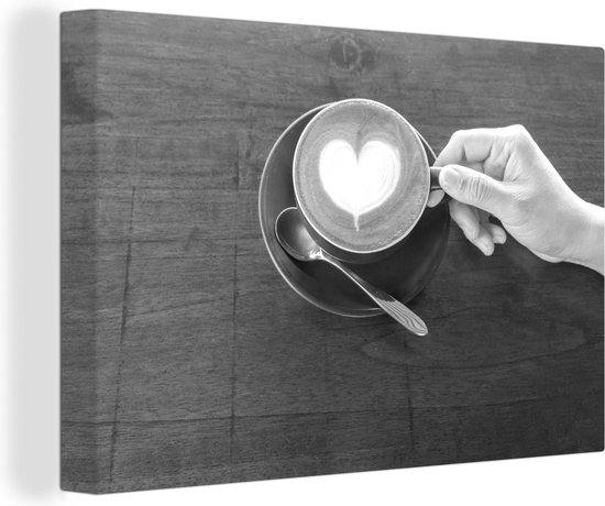 Canvas Schilderij Kop koffie met groot wit hart - zwart wit - 60x40 cm - Wanddecoratie