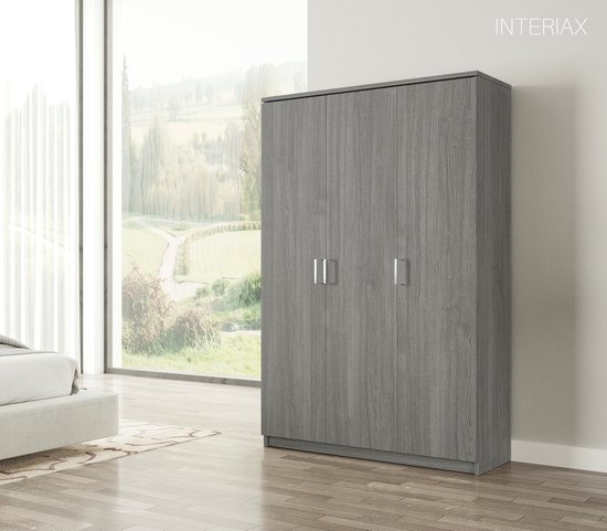 Interiax Opbergkast - Kledingkast 'Amelie' 3 deuren en 8 legplanken | Grijze Eik | 180x120x40 cm