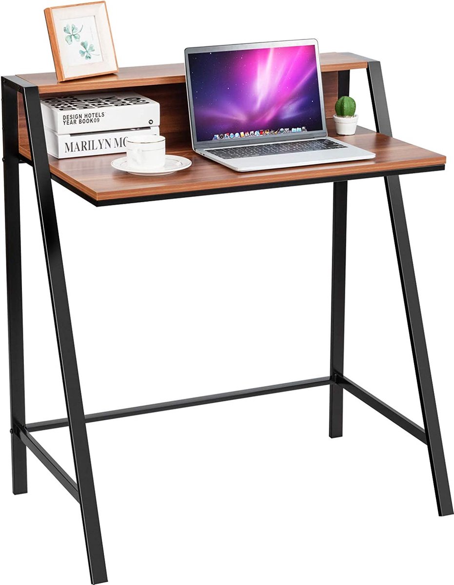 LIVINGSIGNS Schrijftafel met 2 verdiepingen, computertafel met stevig metalen frame, werktafel walnoot, bureautafel, pc-tafel voor woonkamer en werkkamer en kantoor (bruin)