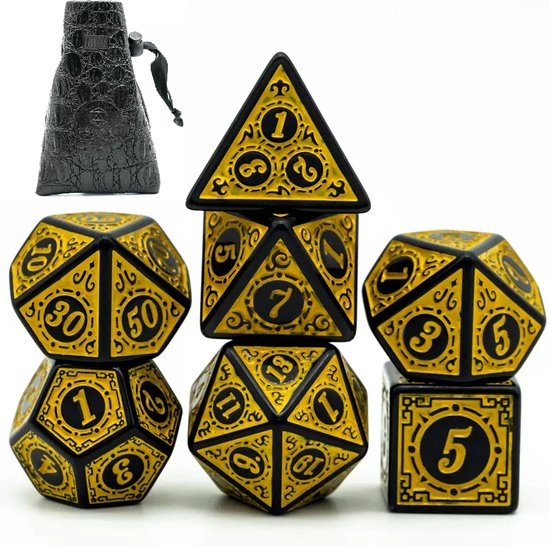 Afbeelding van het spel D&D dice set - DnD dobbelstenen set Geel - Dungeons and Dragons dobbelstenen Inclusief Luxe leren bewaarzakje