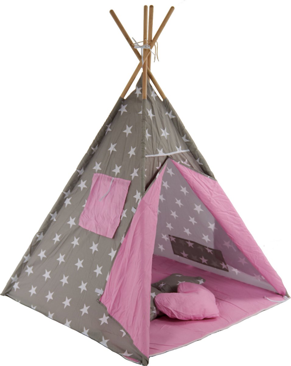 Speeltent - Tipi Tent - Met Grondkleed & Kussens - Speelhuisje - Tent voor kinderen - Grijs-Roze — afbeelding 2