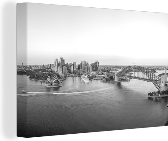 Tableau sur toile Australie à vol d'oiseau avec un lever de soleil à Sydney - noir et blanc - 30x20 cm - Décoration murale