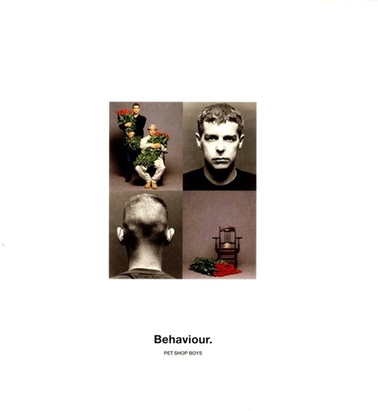 Vierkaderige cover: linksboven twee mannen met rode rozen, rechtsboven close-up van een man, linksonder achterkant van een hoofd, rechtsonder een stoel met rozen. "Behaviour. PET SHOP BOYS"