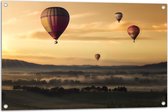 WallClassics - Tuinposter – Luchtballonen Zwevend boven Open Veld - 90x60 cm Foto op Tuinposter  (wanddecoratie voor buiten en binnen)