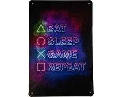 Wandbord - Eat sleep game - Gaming decoratie - Metalen wandbord - Gamer - Metalen borden - Tekstbord - Wandborden - Playstation decoratie