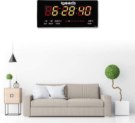 IGOODS - LED kalenderklok - digitale LED cijferklok - muurhangende eeuwigdurende kalenderklok voor thuis slaapkamer en kantoor - 100-240V - EU Plug