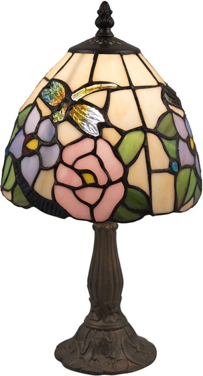 Tiffany Tafellamp Ø 20*36 cm Beige Roze Glas Bloemen Tiffany Bureaulamp Tiffany Lampen Glas in Lood