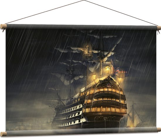 WallClassics - Textielposter - Groot Schip op Zee in Storm - 90x60 cm Foto op Textiel