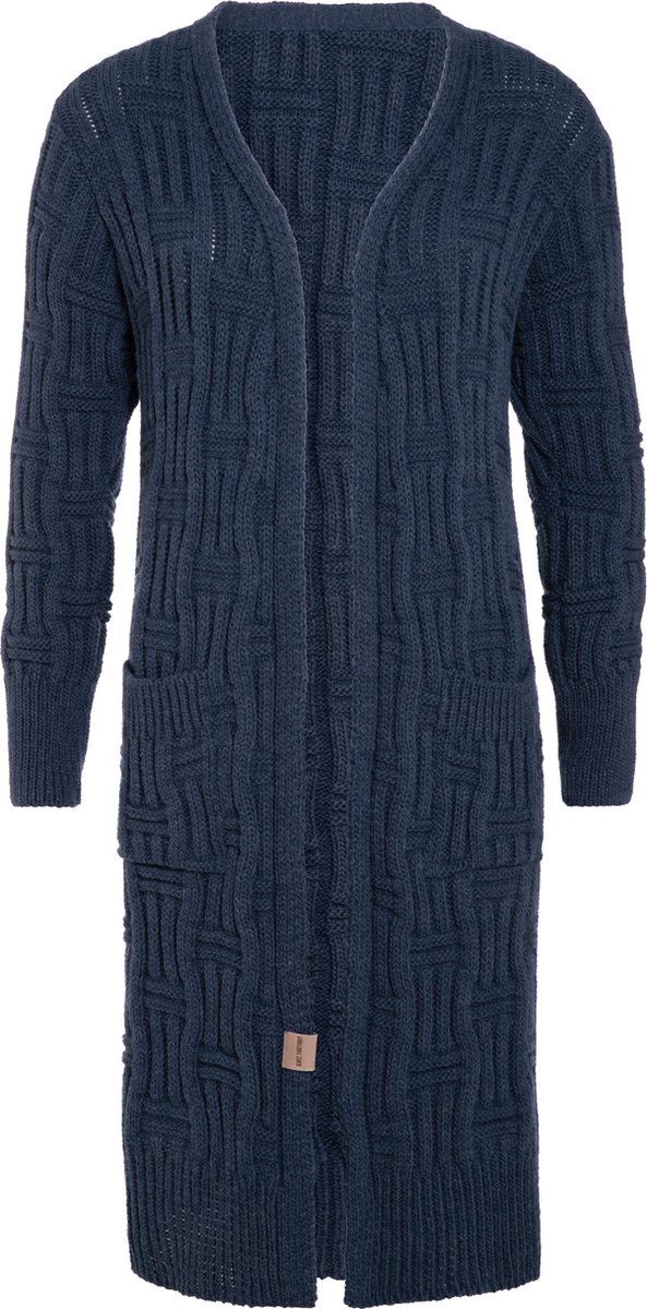Knit Factory Bobby Lang Gebreid Vest - Cardigan voor de herfst en winter - Donkerblauw damesvest - Lang vest tot over de knie - Grof gebreid vest uit 30% wol en 70% acryl - Jeans - 36/38 - Met steekzakken