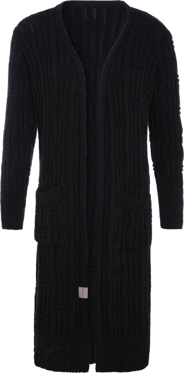 Knit Factory Bobby Lang Gebreid Vest - Cardigan voor de herfst en winter - Zwart damesvest - Lang vest tot over de knie - Grof gebreid vest uit 30% wol en 70% acryl - Zwart - 40/42 - Met steekzakken