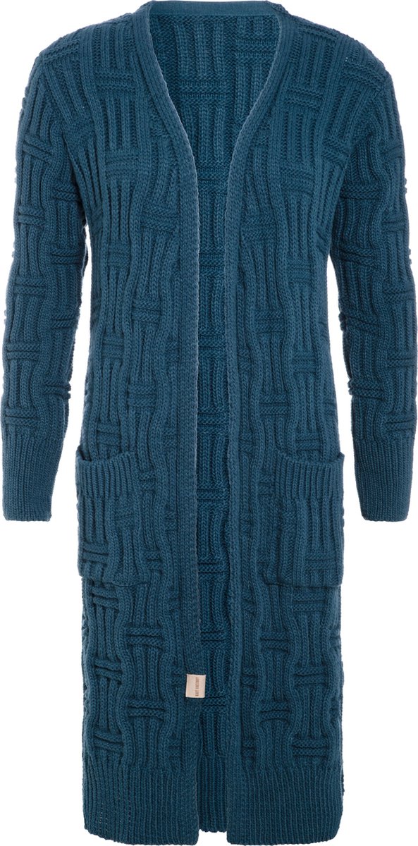 Knit Factory Bobby Lang Gebreid Vest - Cardigan voor de herfst en winter - Donkerblauw damesvest - Lang vest tot over de knie - Grof gebreid vest uit 30% wol en 70% acryl - Petrol - 40/42 - Met steekzakken