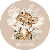 Geboorte sticker-Baby is geboren-beige leeuwtje-naam en geboortedatum-45x45cm