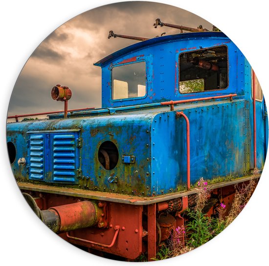 WallClassics - Dibond Muurcirkel - Oude Veroeste Blauwe Trein - 90x90 cm Foto op Aluminium Muurcirkel (met ophangsysteem)