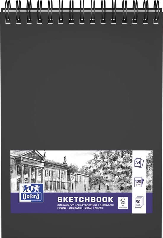 OXFORD schetsboek - A4 - 50 vel - 100g papier - dubbel spiraal - zwart