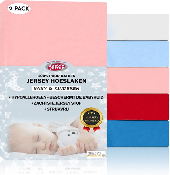 Double Jersey  Baby Hoeslaken - 2 Stuks -  100% Jersey Katoen - 60x120+15 Cm - Roos