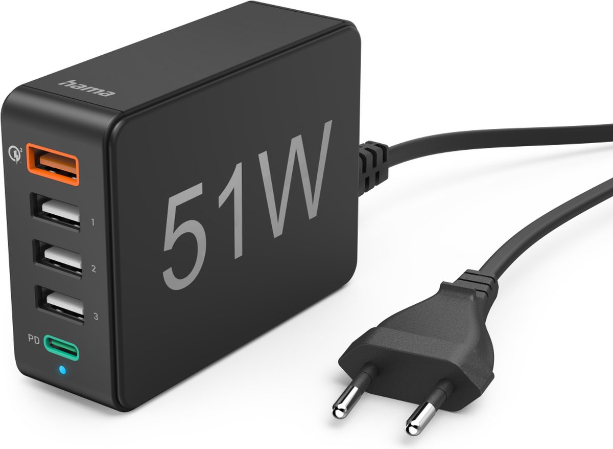 Hama Oplaadstation - 5 Poorten - 3x USB-A poort - 1x USB-C PD - 1x Qualcomm poort - 51 W - Snellader - Geschikt voor Smartphone en Tablet - Zwart