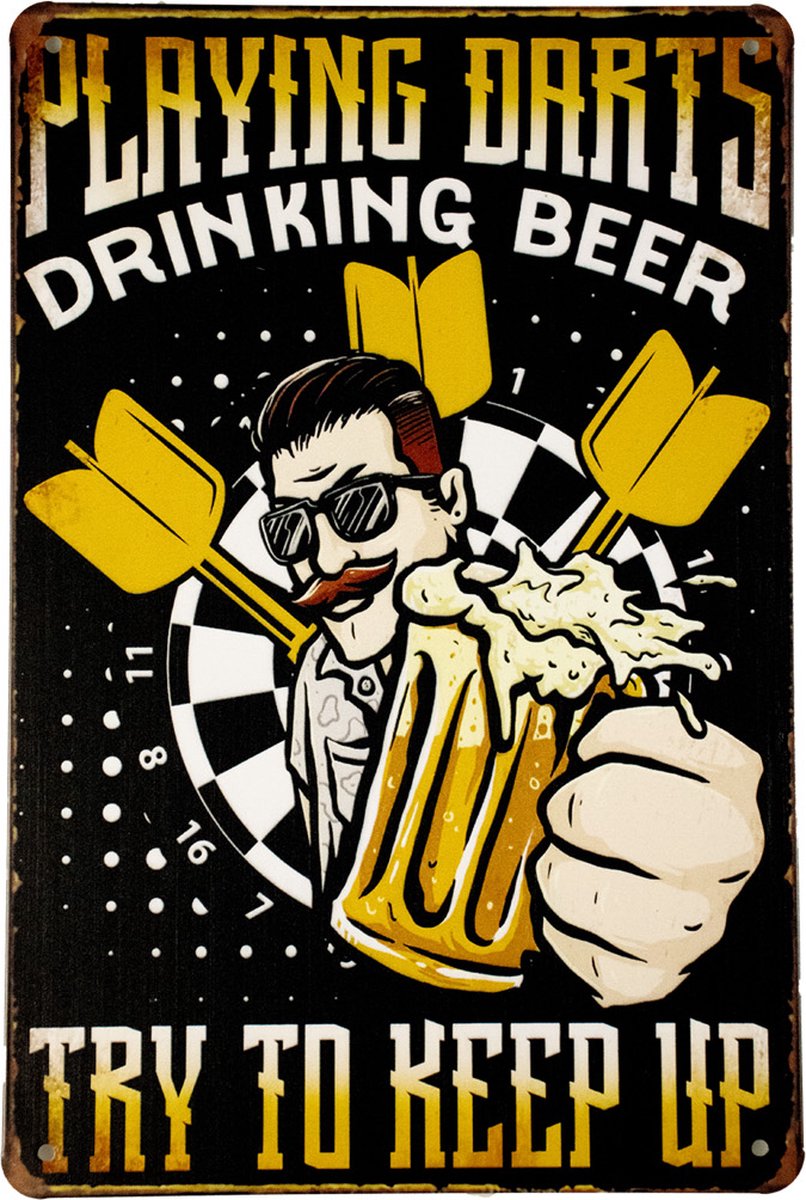 Playing Darts - Metalen wandbord - Darts - Metalen borden - Dart accessoires - Dartpijlen - Dartbord - Metal sign - Tekstbord - Wandborden - Metalen bord - 20 x 30cm