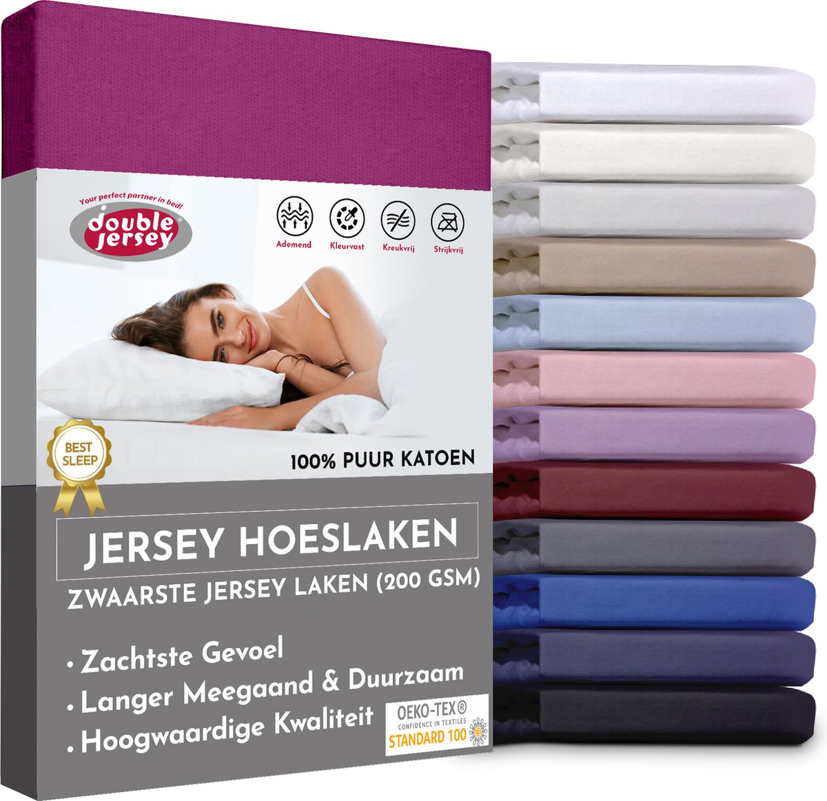Double Jersey Hoeslaken - Hoeslaken 100x200+30 cm - 100% Katoen  Aubergine