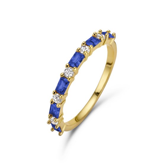 New Bling 9NB-0963-52 Zilveren Ring - Dames - Zirkonia - Rond en Baquette - Maat 52 - Wit en Blauw - Goudkleurig