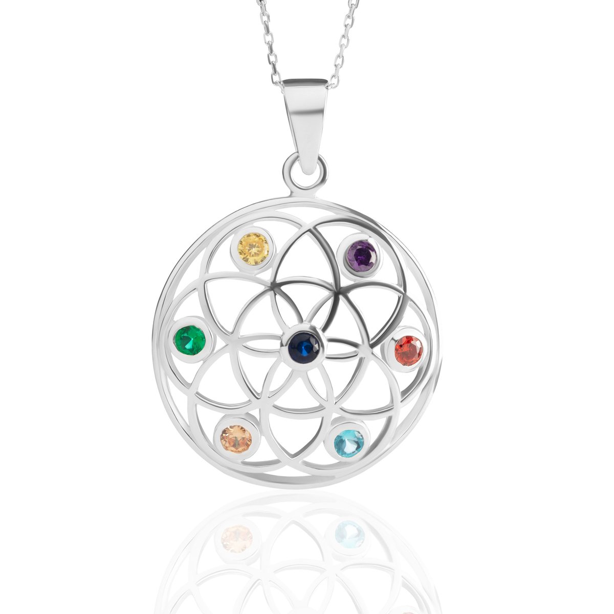 Pendentif Arbre de Vie 7 Chakras Coeur Plaqué Argent 4cm