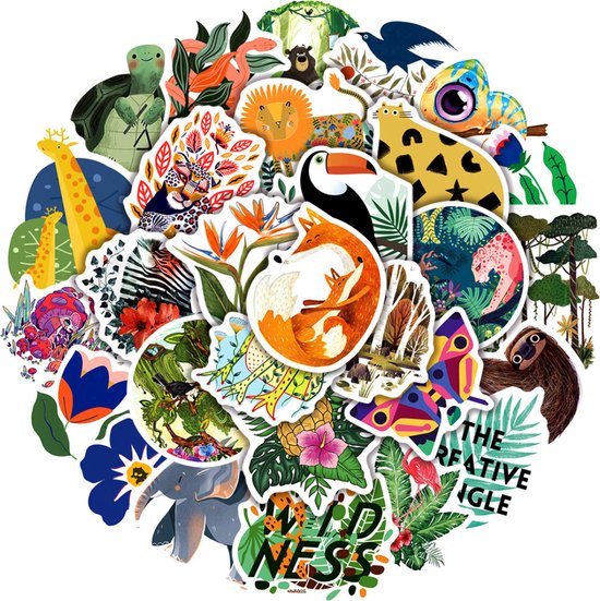 50 Jungle stickers met wilde Dieren en Planten - Stickers voor laptop, koelkast, tablet, auto etc.