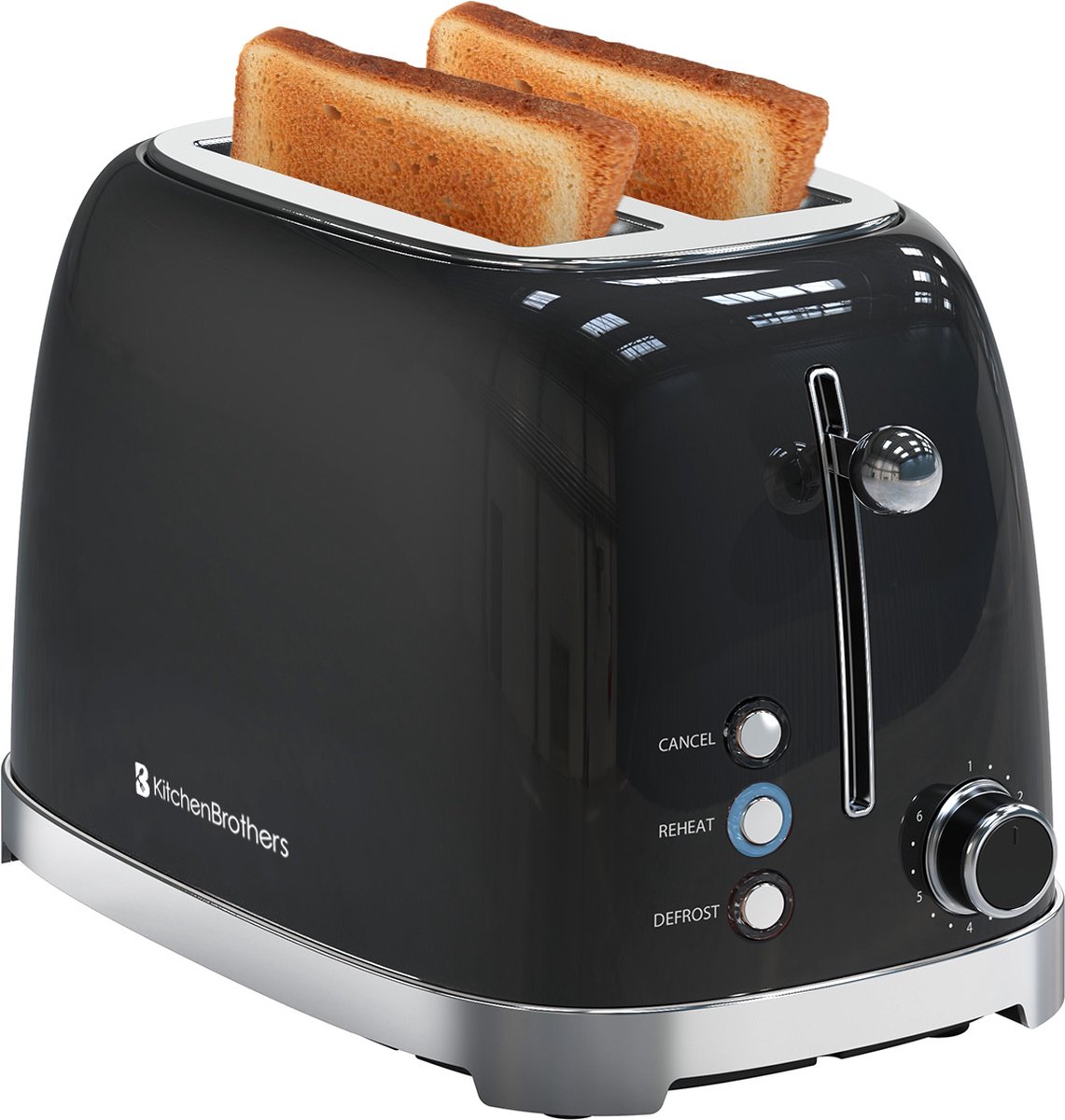 KitchenBrothers Retro Broodrooster - Toaster - 6 Warmteniveaus - 2 Extra Brede Sleuven - 815W - Zwart - KitchenBrothers