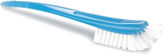 Brosse bleue pour biberon avec poils blancs et long manche courbé.