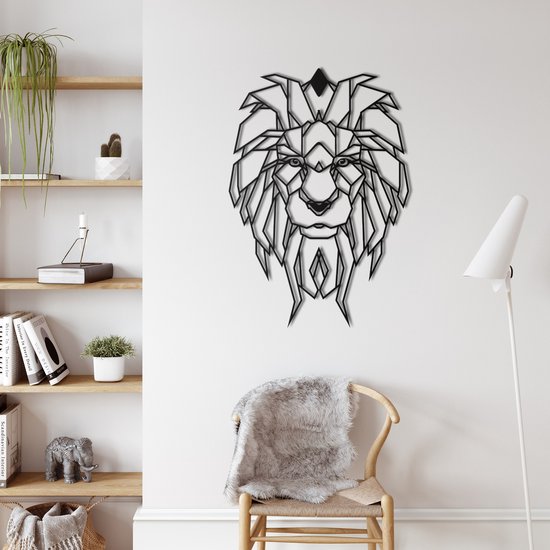 Décoration murale | Tête de Lion géométrique / Head de lion géométrique | Métal - Art mural | Décoration murale | Salle de séjour | Decor extérieur |Noir| 64x90cm