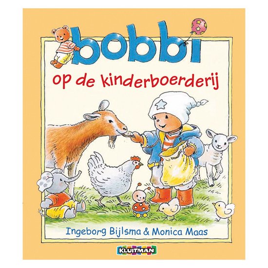 Boek 'Bobbi op de kinderboerderij' met Bobbi die dieren voert, met een geit, kip, eendjes, olifant en schaap.