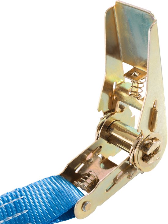 Gedetailleerde close-up van het ratelmechanisme van een blauwe spanband.