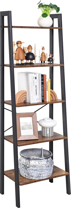 Signature Home boekenkast - ladderplank 5 planken - Vintage planken - met 5 niveaus - metalen frame - eenvoudige montage - woonkamer - slaapkamer - keuken - 56 x 172 x 34 cm