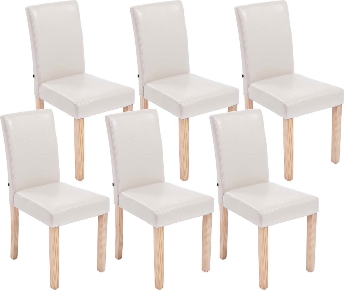 CLP Ina Set van 6 Eetkamerstoelen - Zonder armleuning - Hout - Kunstleer - creme natura
