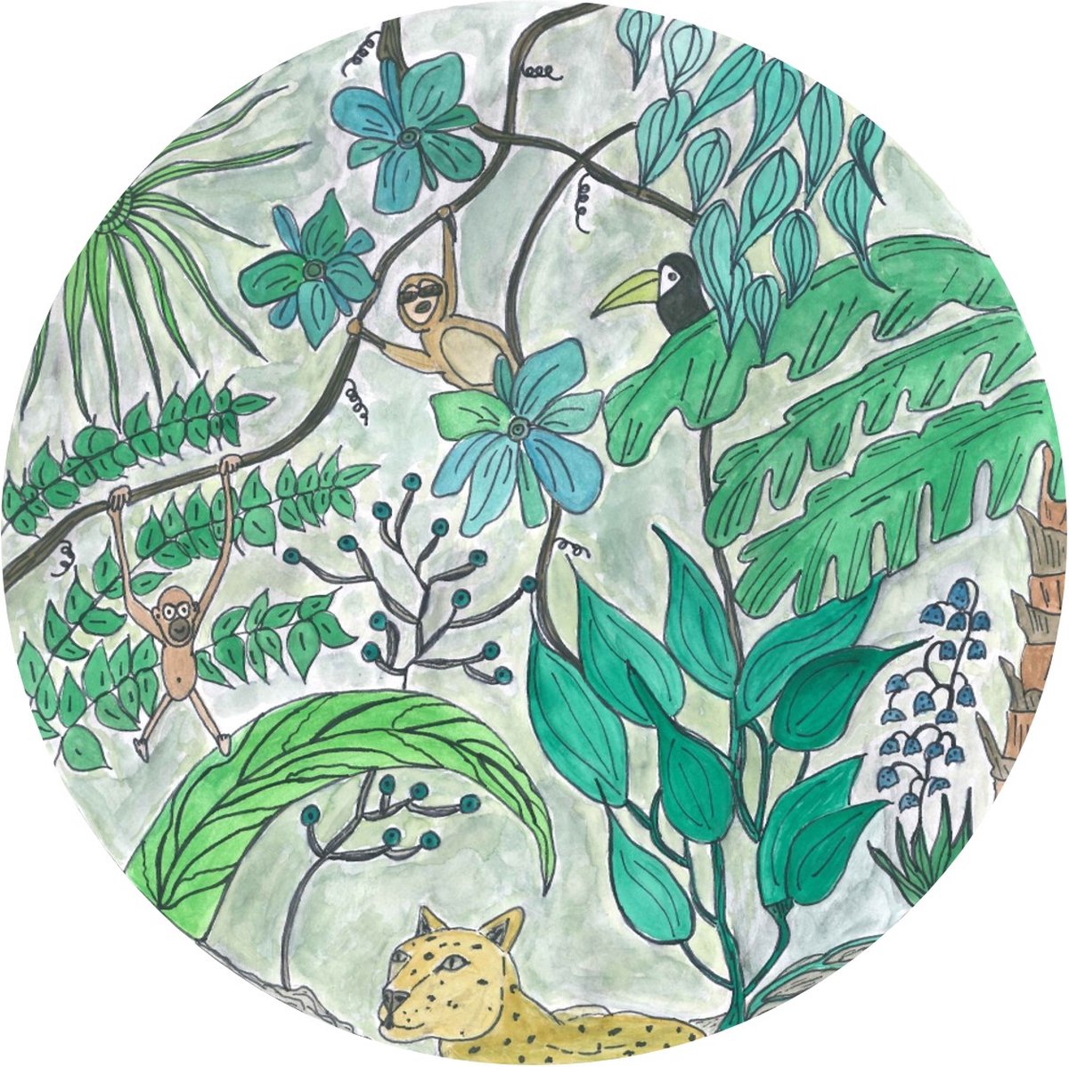 Pure Prints - Behangcirkel Groene jungle - Unieke handgetekende/geschilderde print - Ø145 cm