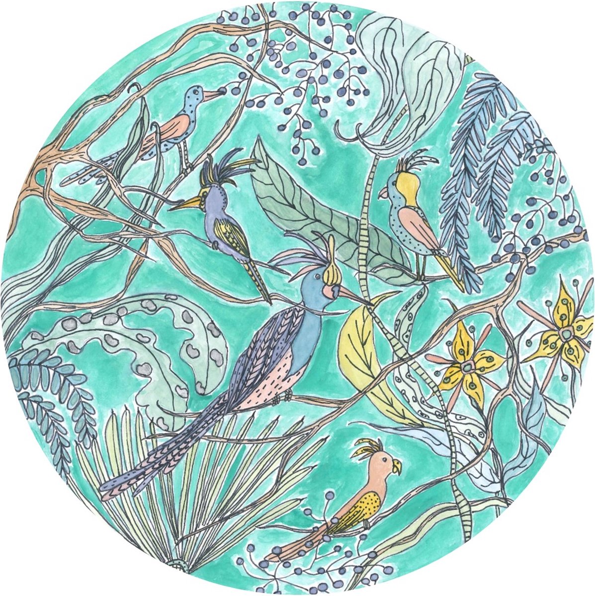 Pure Prints - Behangcirkel Vogels - Unieke handgetekende/geschilderde print - Ø120 cm