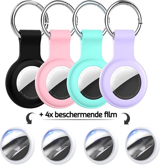 Sleutelhangers geschikt voor Apple Airtag - Airtag-sleutelhangers - Siliconen sleutelhangerset geschikt voor Apple Airtag - 4 stuks + 4 x beschermende film - Mix 4 kleuren (zwart/roze/lichtgroen/violet)