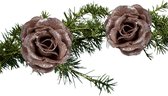 Kerstboom bloemen op clip - 2x stuks - oudroze glitter - kunststof -7 cm