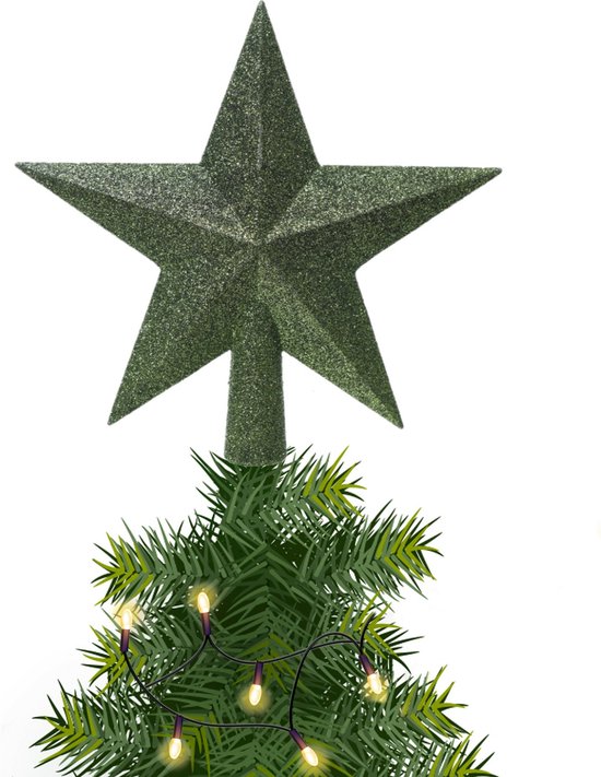 Kerstster/kerstboom piek/topper donkergroen H19 cm glitter Kerstversiering bol