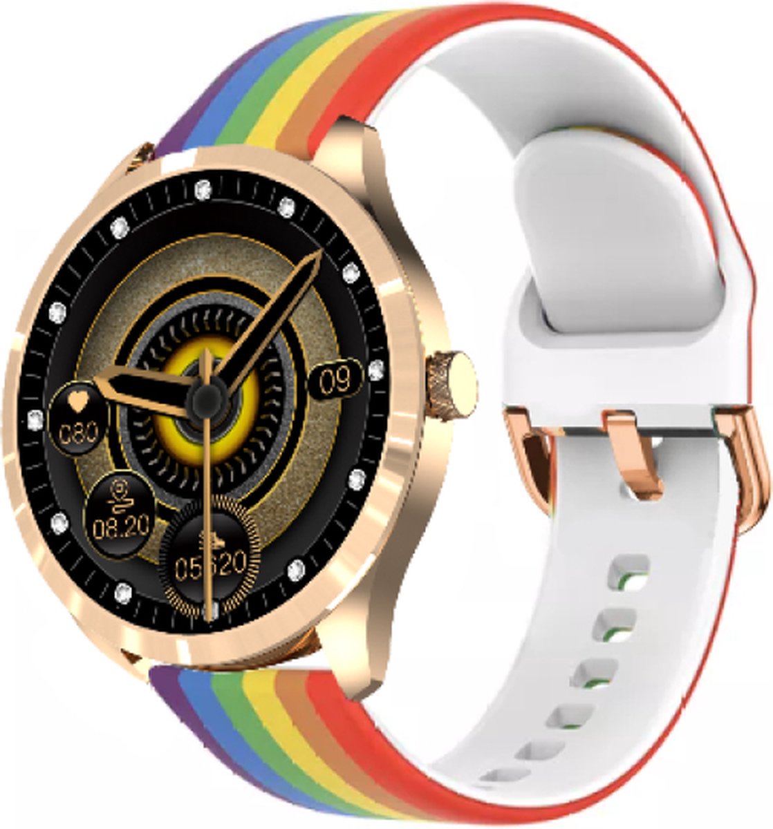 Belesy® BQSiRgRb PLUS - Smartwatch Dames – Smartwatch Heren - Horloge - 1.28 inch - Kleurenscherm - Stappenteller - Bloeddruk - Hartslag - 75+ Wijzerplaten – Sporten – Rose Goud - Siliconen - Regenboog - Kerstcadeau