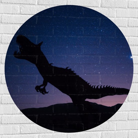 WallClassics - Muursticker Cirkel - Silhouette van een Dinosaurus in de Nacht - 100x100 cm Foto op Muursticker