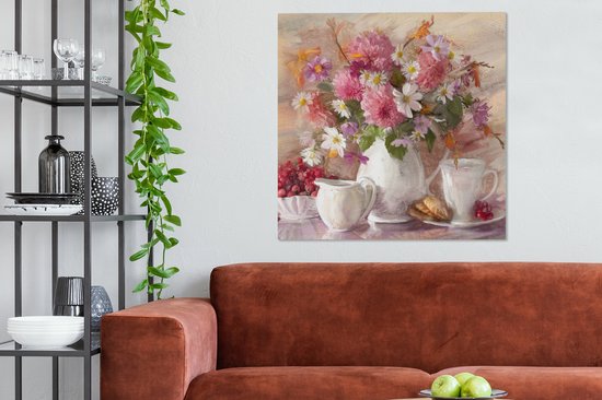 Toile - Peinture - Fleurs - Vase - Huile - 90x90 cm - Décoration murale