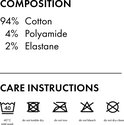 Compositie: 94% katoen, 4% polyamide, 2% elastaan. Wasinstructies: 40°C mild wassen, niet in de droger, niet strijken, niet bleken, niet chemisch reinigen.