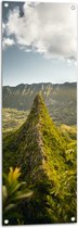 WallClassics - Tuinposter – Hoge Groene Berg in de Vallei - 40x120 cm Foto op Tuinposter  (wanddecoratie voor buiten en binnen)