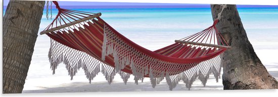 WallClassics - Dibond - Hangmat op het Strand - 150x50 cm Foto op Aluminium (Met Ophangsysteem)