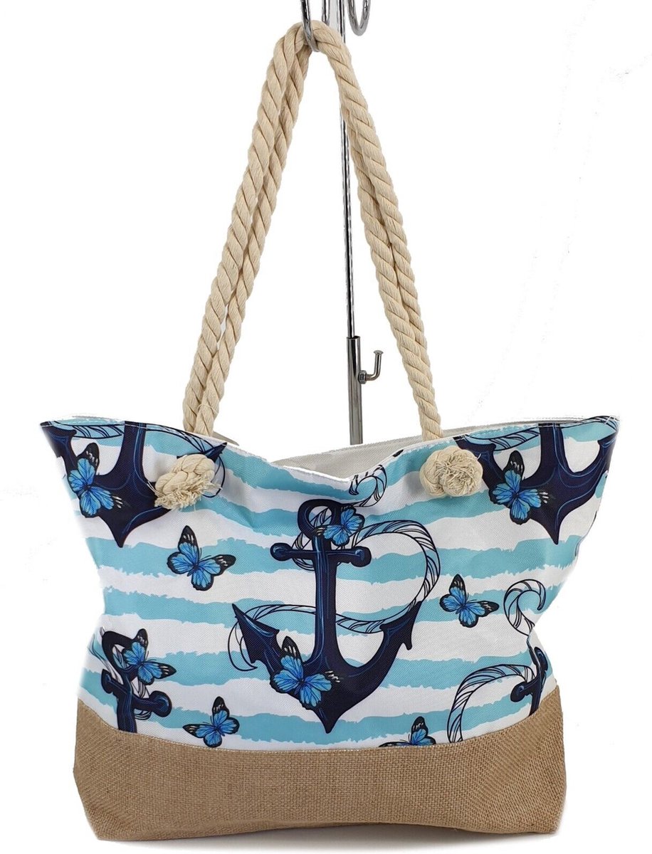 Grote strandtas shopper strandtas marine strepen maritiem zomer zon strand tas, blauw-wit, L