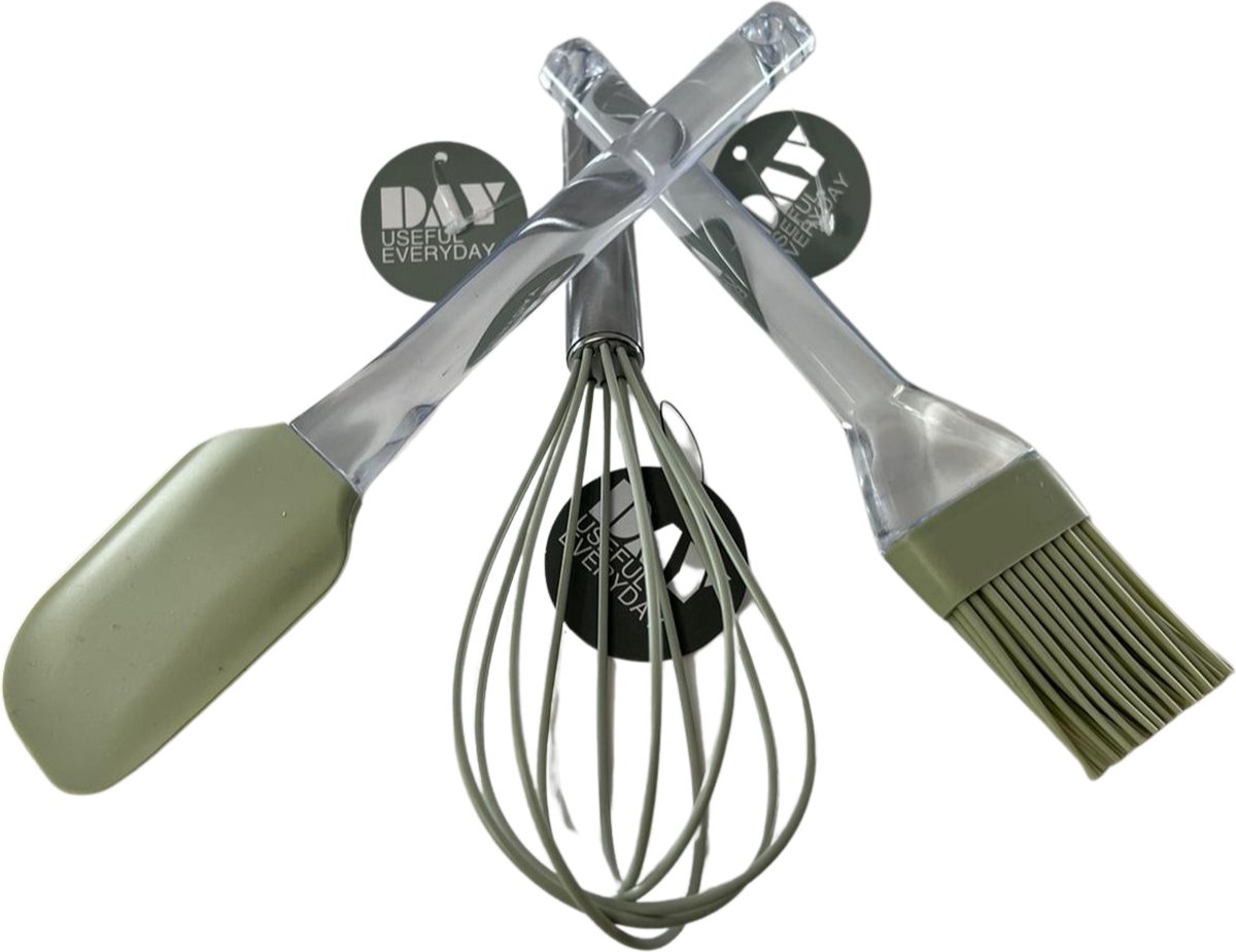 Bakgerei Set - Hittebestendig - 3 stuks - Keukenaccessoires - Spatel - Bakkwast - Whisk Mixer RVS - Groen