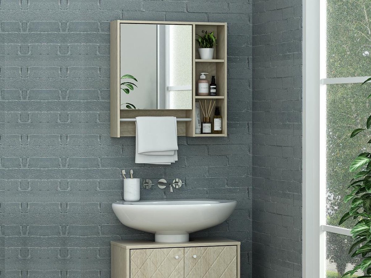 Badkamer muurkast met spiegel en handdoekhouder DRANGA - Eik L 60 cm x H 60 cm x D 14 cm