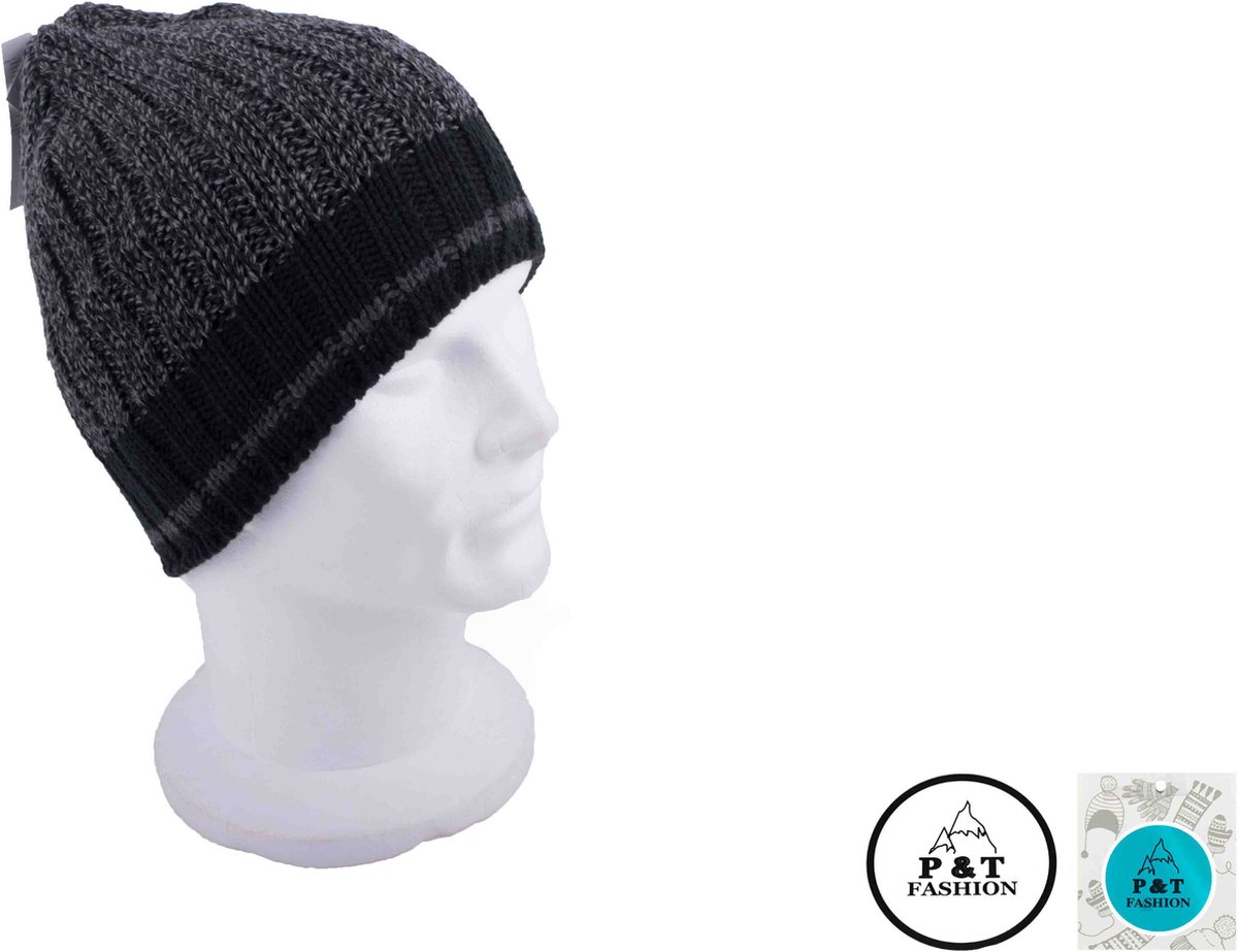 P&T Heren Muts Gebreid met Fleece Binnenin - Zwart-Grijs - 57-59