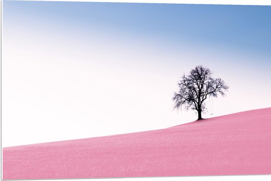 WallClassics - PVC Schuimplaat - Boom op Roze Heuvel - 90x60 cm Foto op PVC Schuimplaat (Met Ophangsysteem)