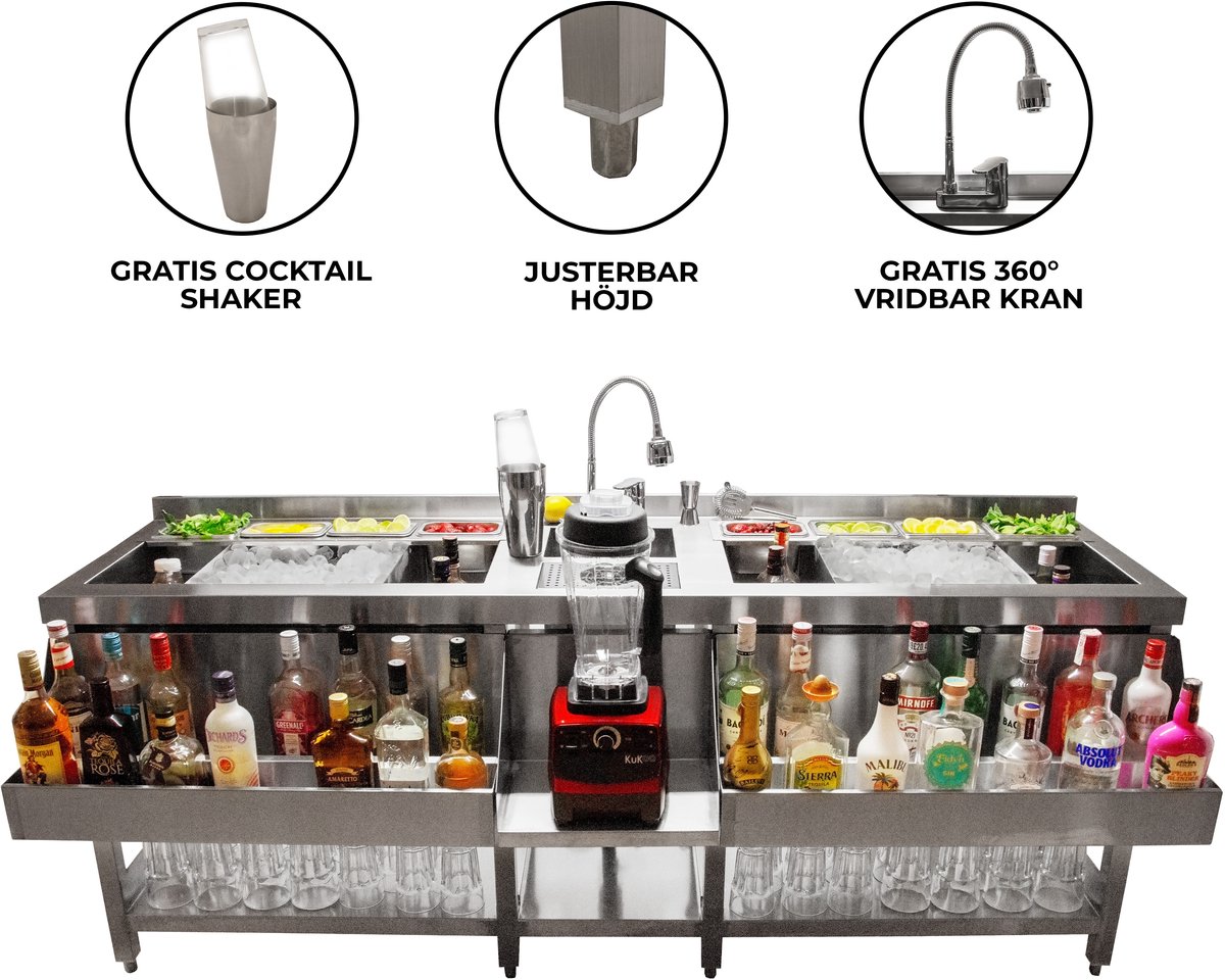 Dubbel cocktail bar station - rvs - 197 cm - vrijstaand 360° kraan
