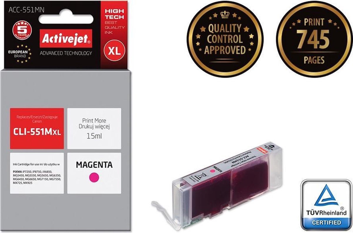 ActiveJet ACC-551MN-inkt voor Canon-printer; Canon CLI-551M-vervanging; Opperste; 15 ml; magenta.